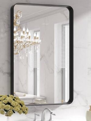 Black Metal Framed Bathroom Mirror for Wall, 24X36 Inch Rounded Rectangle Mirror, Matte Black Bathroom Vanity Mirror Farmhouse, Anti-Rust, Hangs Horizontally or Vertically