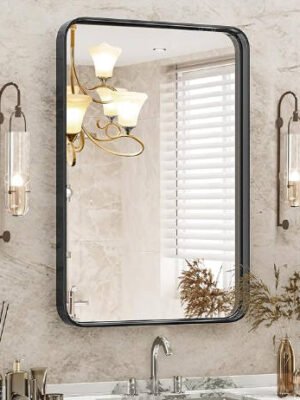 Black Metal Framed Vanity Rounded Rectangle Bathroom Mirrors for Over Sink Wall, 30x22 Inch Matte Large Mirror