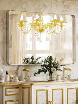 Bathroom Mirror 24x32 inch, Silver Gorgeous Deep Frame Wall Mirror, Modern Round Corner Bathroom Vanity Mirror for Bedroom