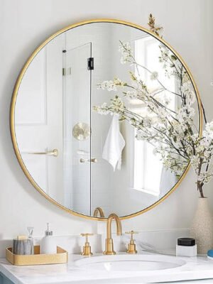 Gold Round Mirror, 24 inch Circle Mirror, Gold Metal Frame Bathroom Mirrors, Round Wall Mounted Mirrors for Bathroom