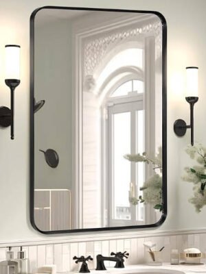 Wall Mount Mirror for Bathroom, Brush Black Metal Framed Rounded Corner Rectangular Vanity Mirror