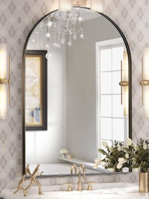Arched Wall Mirror, 24 x 36 Inch Black Arch Mirror, Metal Frame Black Bathroom Mirror